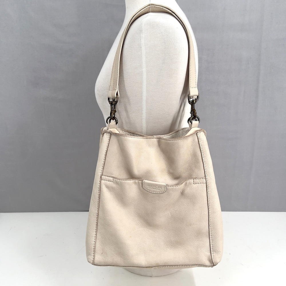 American Leather Co Womens Tote Crossbody Bag Stone Cream Pebble Leather Large